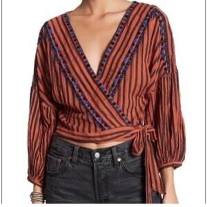 Free People Barcelona Nights Wrap Top S Embroidered Boho Puff Sleeve Festival XS